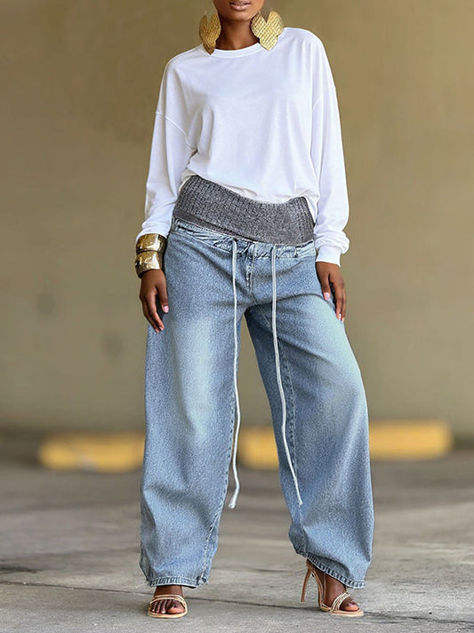 Drawstring Combo Wide-Leg Jeans