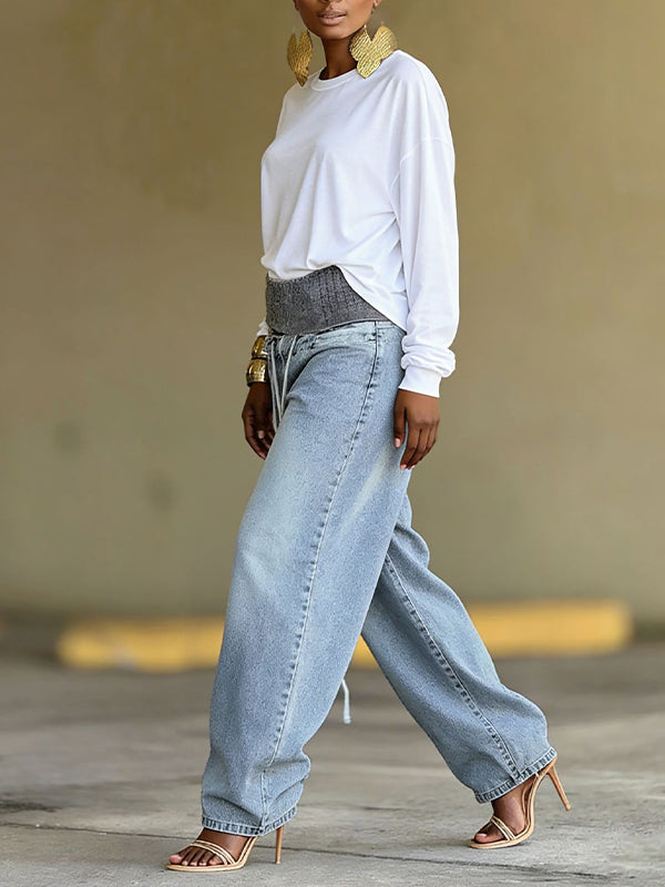Drawstring Combo Wide-Leg Jeans