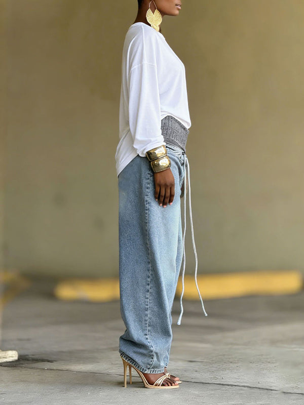 Drawstring Combo Wide-Leg Jeans