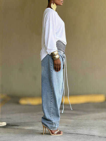 Drawstring Combo Wide-Leg Jeans