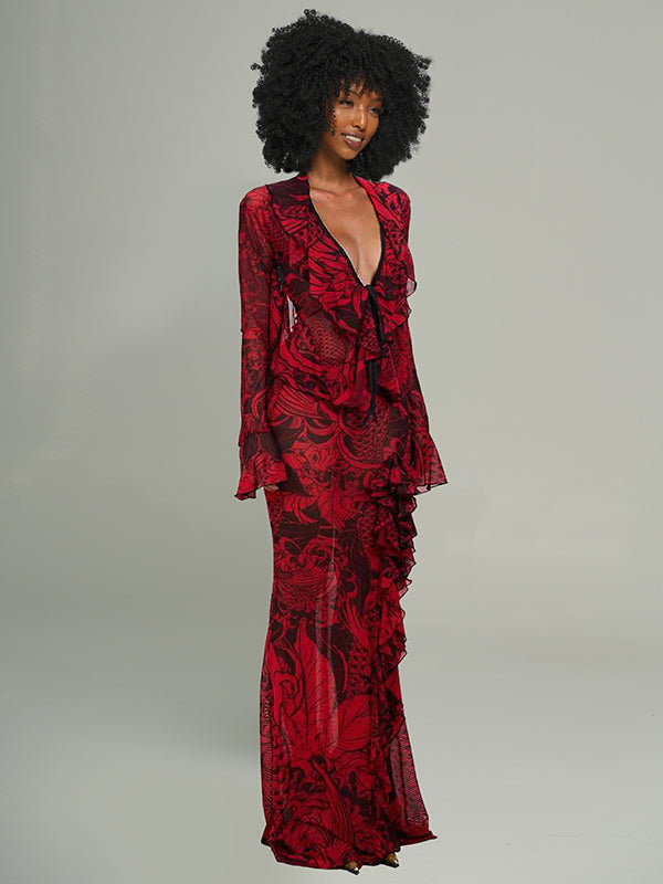 Printed Ruffle Maxi Dress Red