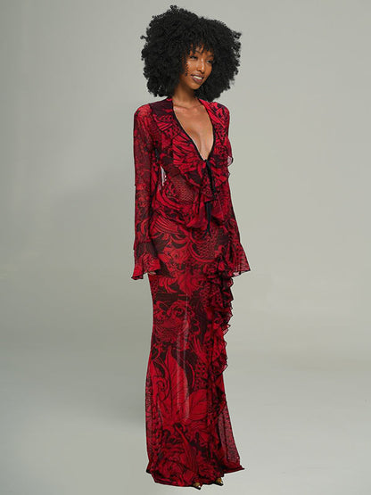 Printed Ruffle Maxi Dress Red