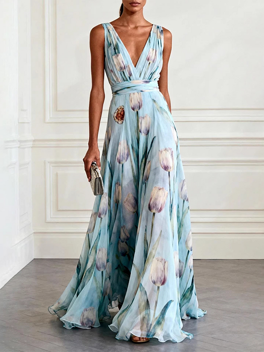 Printed V-Neck Sleeveless Maxi Dress