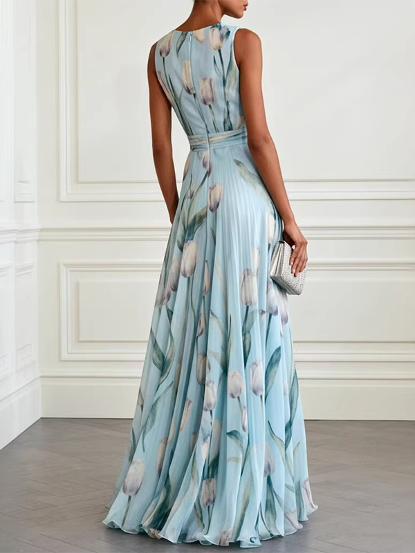 Printed V-Neck Sleeveless Maxi Dress