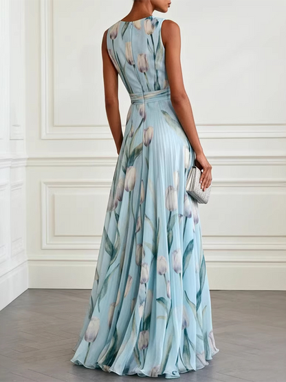 Printed V-Neck Sleeveless Maxi Dress