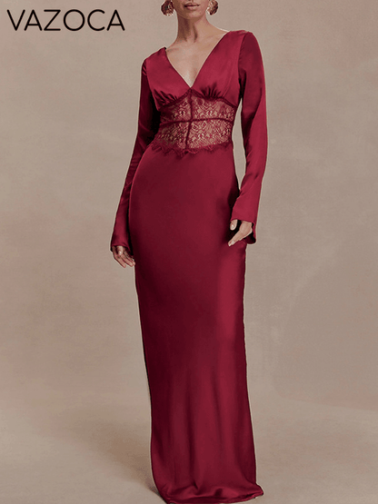 Lace-Combo V-Neck Maxi Dress