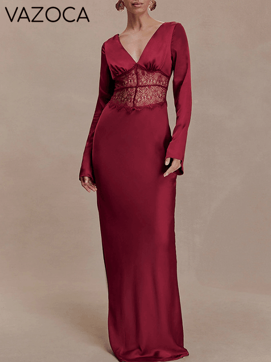 Lace-Combo V-Neck Maxi Dress