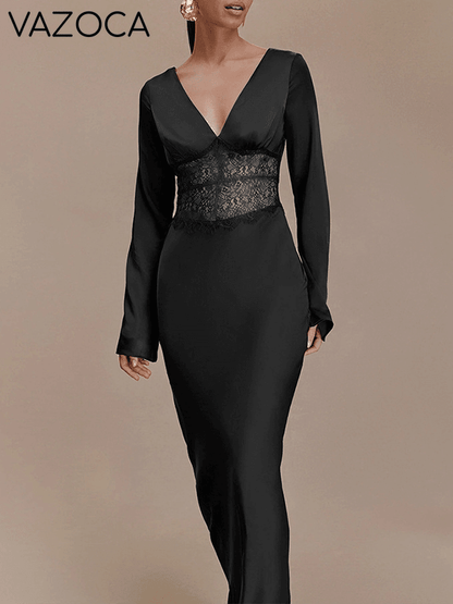 Lace-Combo V-Neck Maxi Dress