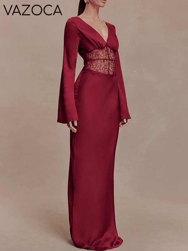 Lace-Combo V-Neck Maxi Dress