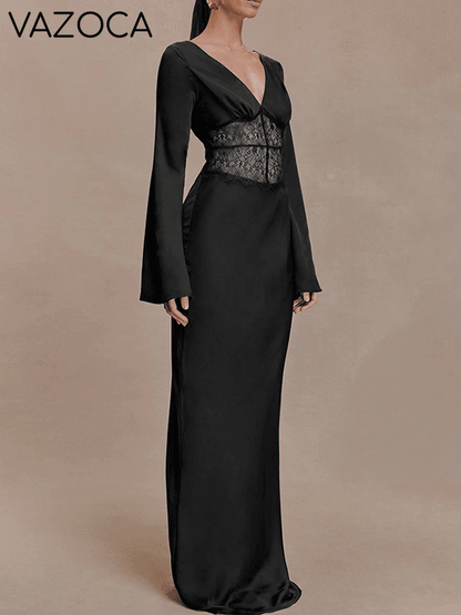 Lace-Combo V-Neck Maxi Dress