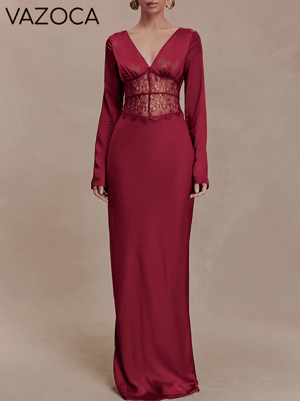 Lace-Combo V-Neck Maxi Dress