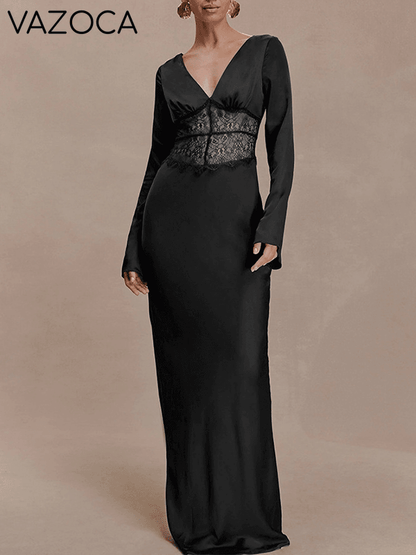 Lace-Combo V-Neck Maxi Dress