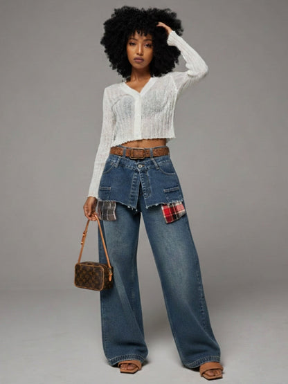 Plaid Combo Overlap Jeans Medium Wash Blue