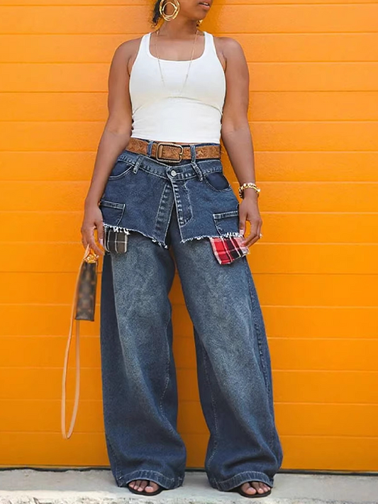 Plaid Combo Overlap Jeans