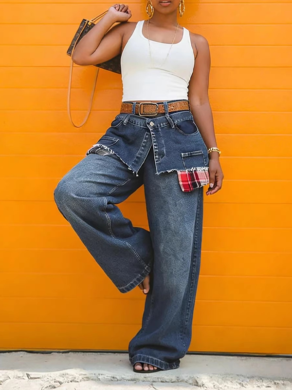 Plaid Combo Overlap Jeans