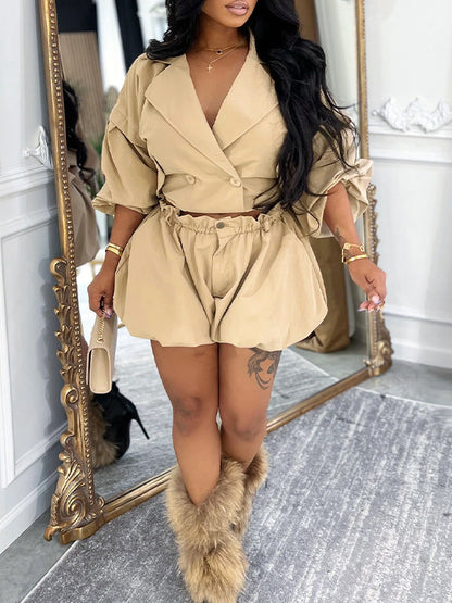 Lapel Jacket & Bubble Shorts Set
