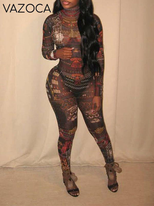 Printed Mock-Neck Sheer Jumpsuit