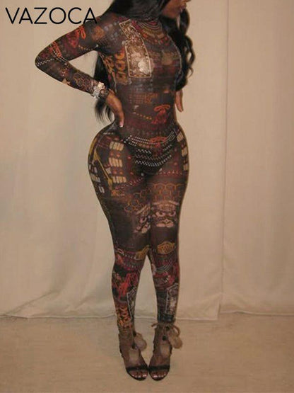 Printed Mock-Neck Sheer Jumpsuit