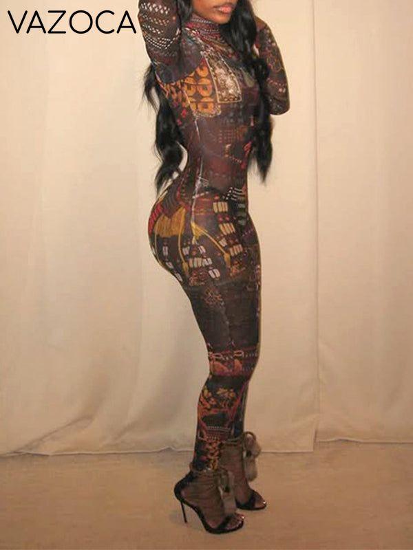 Printed Mock-Neck Sheer Jumpsuit