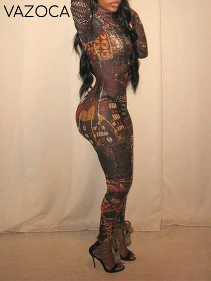 Printed Mock-Neck Sheer Jumpsuit