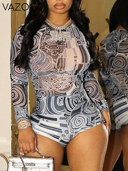 Printed Sheer Top & Shorts Set