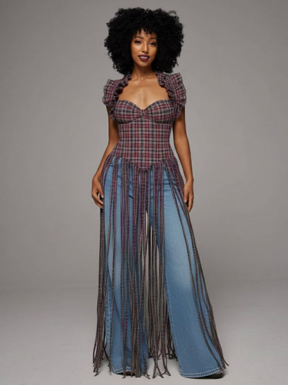 Plaid Halter Fringe Top