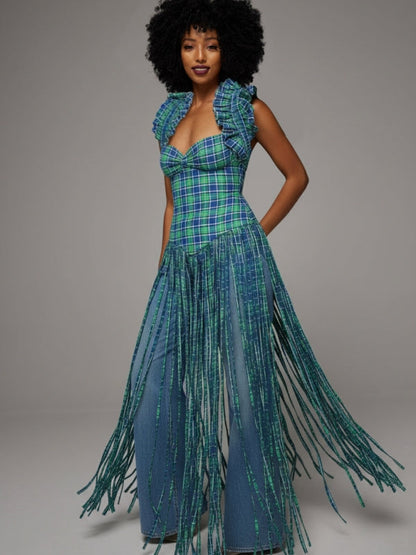 Plaid Halter Fringe Top