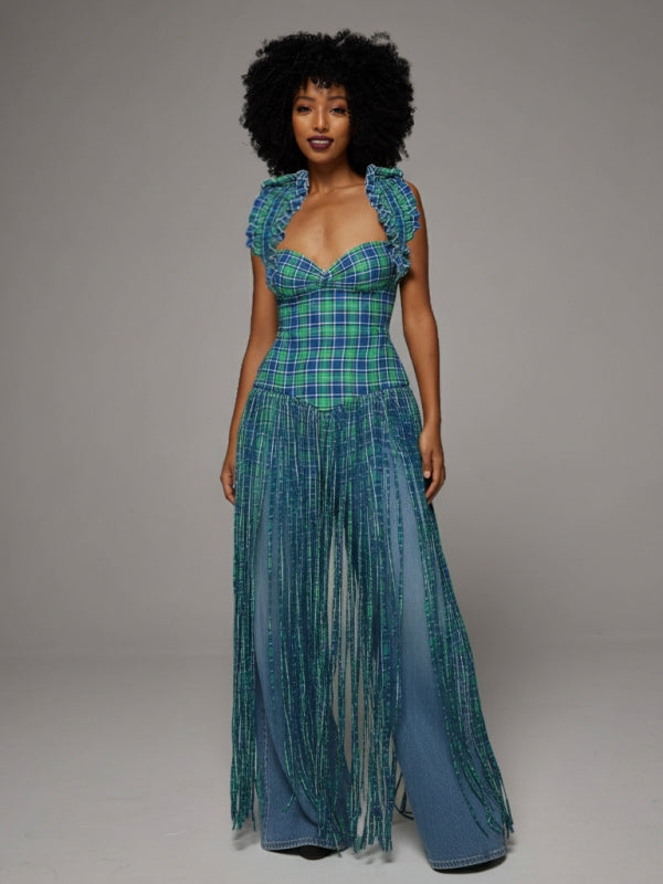 Plaid Halter Fringe Top