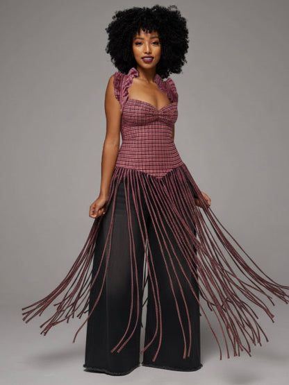 Plaid Halter Fringe Top