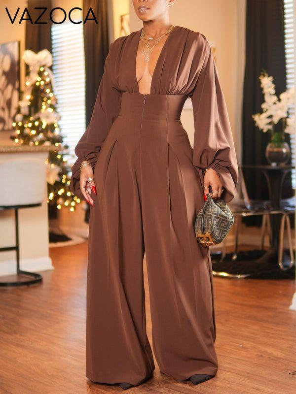 Deep-V Neck Wide-Leg Jumpsuit