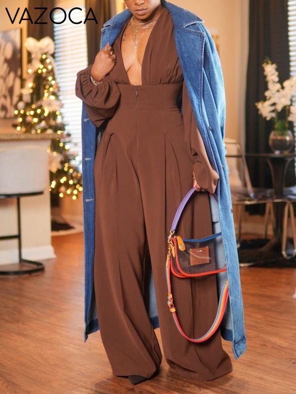 Deep-V Neck Wide-Leg Jumpsuit