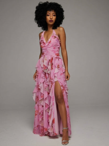 Floral Halter Ruffle Dress