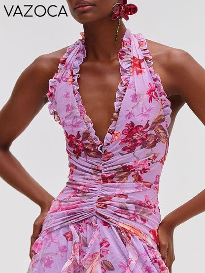 Floral Halter Ruffle Dress