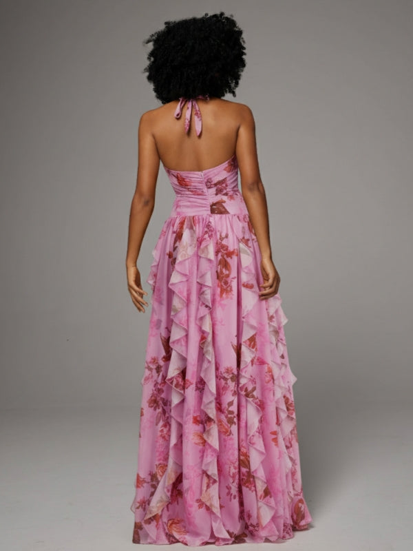 Floral Halter Ruffle Dress