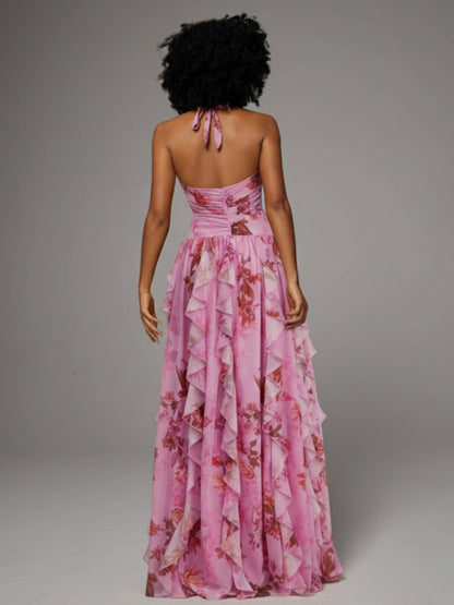 Floral Halter Ruffle Dress