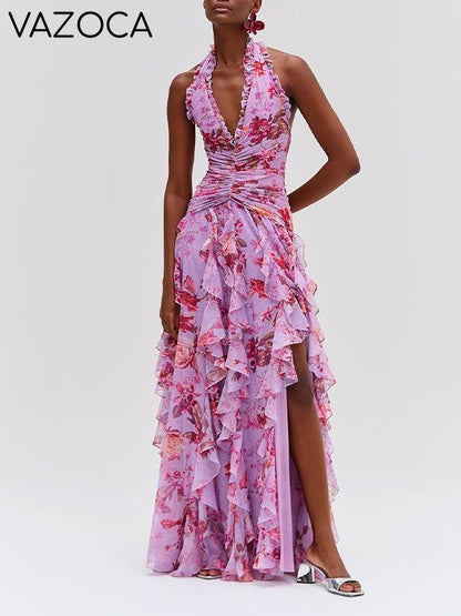 Floral Halter Ruffle Dress