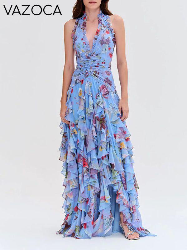 Floral Halter Ruffle Dress