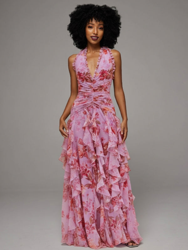 Floral Halter Ruffle Dress