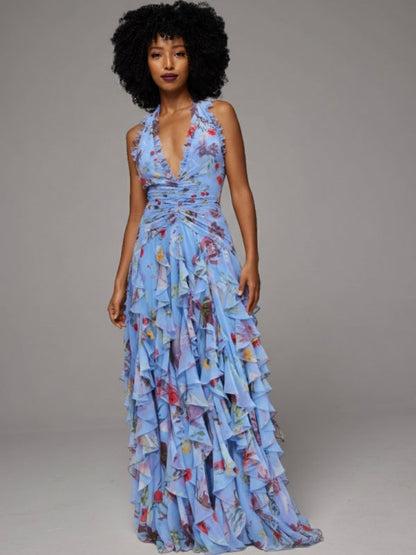 Floral Halter Ruffle Dress