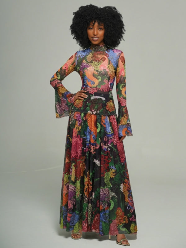 Floral Mock-Neck Top & Skirt Set Multicolor