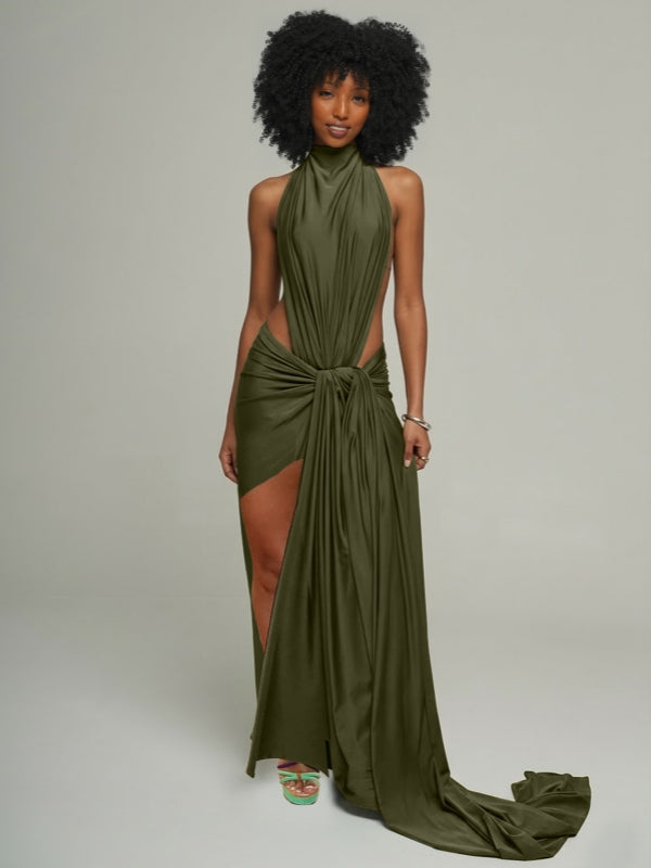 Solid Halter Draped Dress Green
