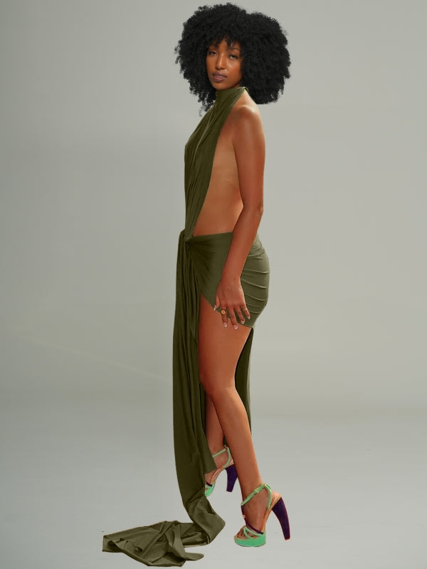 Solid Halter Draped Dress