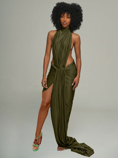 Solid Halter Draped Dress