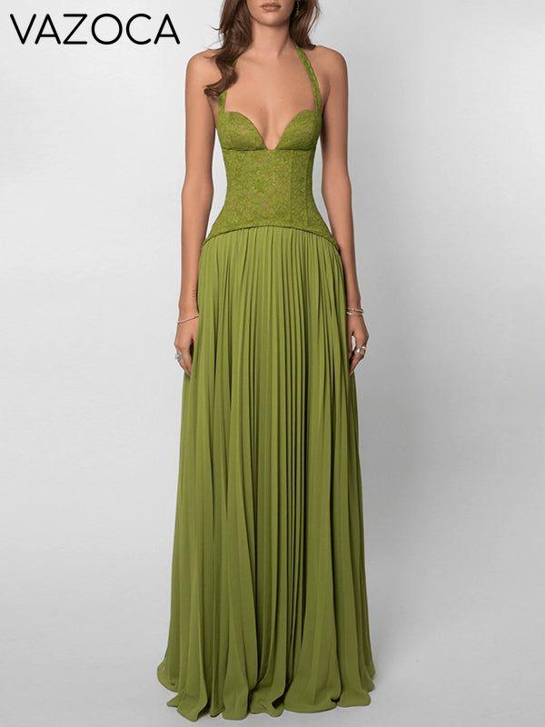 Lace-Combo Halter Pleated Dress