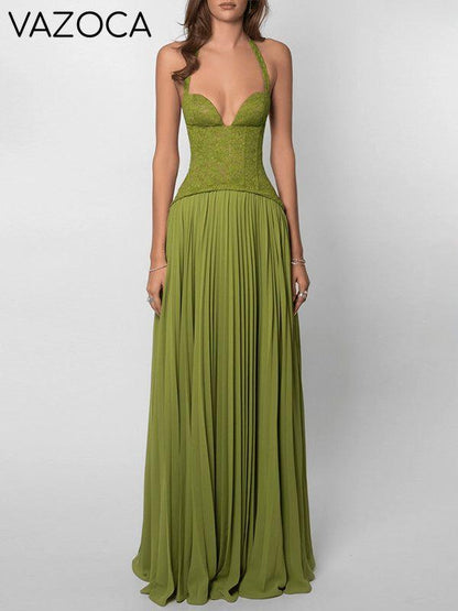 Lace-Combo Halter Pleated Dress