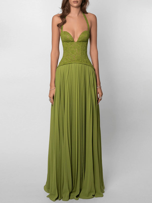 Lace-Combo Halter Pleated Dress Green