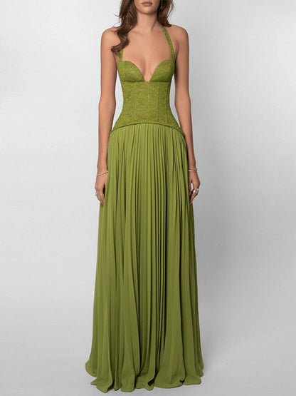 Lace-Combo Halter Pleated Dress Green
