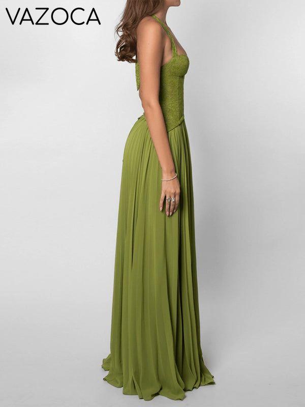 Lace-Combo Halter Pleated Dress