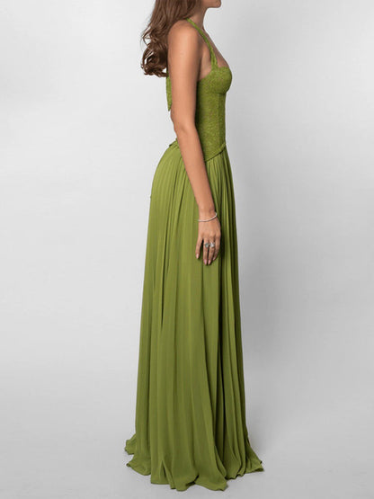 Lace-Combo Halter Pleated Dress