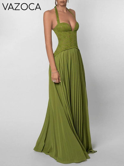Lace-Combo Halter Pleated Dress